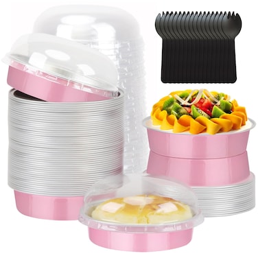 4&rdquo; Mini Cake Tins with Lids 50 Pack,LNYZQUS Small Aluminum Foil Pie Pans Disposable Ramekins Mini Tart Creme Brulee Baking Pans Dishes,Individual Muffin Tins Small Cake Contaniers-Pink