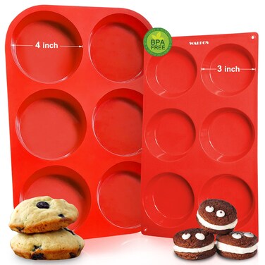 Walfos Silicone Muffin Top Pan Set, Non-Stick Whoopie Pie Baking Pans, Food Grade &amp; BPA Free, Great for Muffin Tops, Whoopie Pies, Egg Muffins, Hamburger Buns and More, Dishwasher Safe, Set of 2