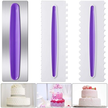 3 Pieces Cake Scraper Cake Decorating Comb Set, Stainless Steel Icing Smoother Comb Plastic Cake Edge Side Smoother Decorating Tools Cream Scraper for Mousse Butter Cream Cake Decoration