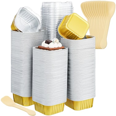 Hushee 600pcs Aluminum Baking Cups with Lids and Spoons 5oz Disposable Ramekins Dessert Muffin Creme Brulee Cupcake Liners Containers for Bakery Birthday Christmas Party(Gold, Square)
