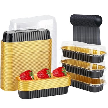LNYZQUS Mini Loaf Pans with Lids 100 Pack, 6.8oz Aluminum Foil Mini Cake Baking Pans Cupcake Tins Containers,Disposable Ramekins Mini Bread Baking Cups Muffin Tins Holders-Black