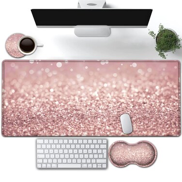 Large Gaming Mouse Pad, Extended Waterproof Desk Pad Protector (31.5" x 11.8") Ergonomics Memory Foam Mouse Wrist Rest Support, for Home Office Laptop Easy Typing, Pink Gilt XXL Pink Mouse Mat