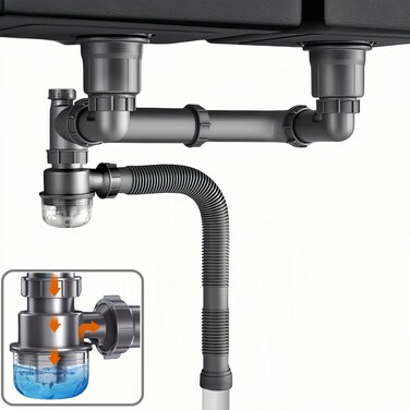 Expandable Flexible 1 1/2" or 1 1/4" Pipe Kit for Double Kitchen Sink with Anti-Odor Sealing, All-In-One Drain Kit for Double Bowl Sinks, Space Saving, Suitable for Kitchen, Bathroom, and Restroom