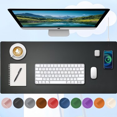Desk Mat with Wireless Charging, Black Mouse Pad with Wireless Charger, Desk Pad Desk Matt for Desktop, Mousepad Gaming Large Mouse Pad, Leather Computer Mouse Pad for Keyboard and Mouse, 32" x 16