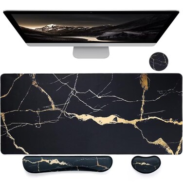 Bloss Ergonomic Mouse Pad and Keyboard Wrist Rest (4 Pcs), Non-Slip Desk Mat Protector, Desk Pad for Keyboard and Mouse, Large Gaming Mousepad-Black Marble (31.5&times;15.7 Inches)