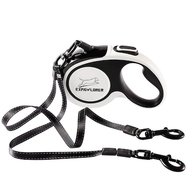 Dual Retractable Dog Leash - Double-Head Lockable Extendable Pet Leash - 16ft Reflective Nylon Ribbon - 360&iexcl;&atilde; Tangle-Free for Two Dogs Walking Training