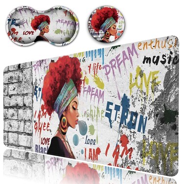 Desk Pad, Extended Large Mouse Pad with Stitched Edges (31.5X11.8In), Ergonomic Mouse Wrist Rest Support, Waterproof Computer Mouse Mat, African Black Woman Graffiti Girls XXL White Gaming Mouse Pad