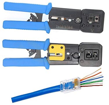 UbiGear&reg; All-in-One Crimper for Pass-Through/EZ/Legacy RJ11/RJ12/RJ45 connectors Professional Performance Cutter Stripper CAT3/CAT5e/CAT6 Network Cable UTP/STP Wire Crimping Tool