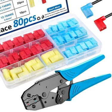 smseace 81pcs Right Angle Spade Connectors with Flag Terminal Crimper 22-18/16-14/12-10AWG Quick Disconnect Flag Connector + Electrical Crimping Tool for right angle spade connector
