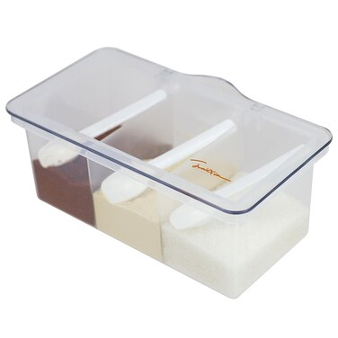 EIKS Plastic Condiment Pot Seasoning Box with 3 Grids and 3 Spoons for Storing and Serving Salt Pepper Chili Sugar Spice