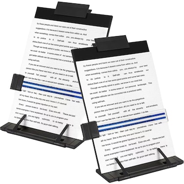 OSPNIEEK 2 Pack Desktop Document Holder Stand with 7 Adjustable Position, Black Metal File Organizer Copyholder for Typing Speech Reading A4 Letter Music Book Tablet Office, with Paper Clip Line Guide