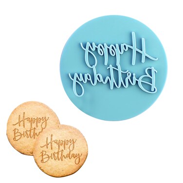 Blue Happy Birthday Fondant Embosser, 3D Design Happy Birthday Cookie Stamp, Food-Grade Plastic Cookie Cutters for DIY Baking, Decorating Cake/Sugar Paste/Cupcake/Chocolate,3.15inch