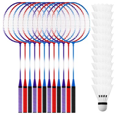 Meooeck 12 Pcs Badminton Rackets Badminton Rackets Set for Adults and Teenagers Badminton Set with 12 Pcs Nylon Badminton Shuttlecocks for Backyard Gym Beach Outdoor Games, Red, Purple and Blue