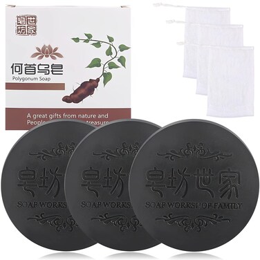 Black &amp; Thick Hair Fallopia Multiflora Shampoo Bar,Polygonum Soap with Foaming Net,He Shou Wu Extract Shampoo,Deeply Cleanses Hair Scalp,Organic Moisturizes Repairs Hair Damage (3pcs)
