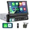 Single Din Flip Out Screen Car Stereo with Wireless Carplay and Android Auto, 7 inch 1 Din Touch Screen Radio Support Bluetooth/SWC/USB/FM + Backup Camera + Mic + Remote Control