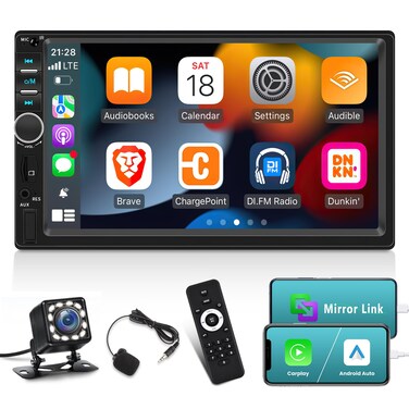 7 inch Double Din CarPlay Car Stereo with Car Play and Android Auto, 7inch Touch Screen Radio with Mirror Link/SWC/Bluetooth/FM Radio + Reverse Camera+ Remote Control