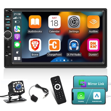 7 inch Double Din CarPlay Car Stereo with Car Play and Android Auto, 7inch Touch Screen Radio with Mirror Link/SWC/Bluetooth/FM Radio + Reverse Camera+ Remote Control