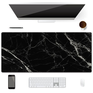 Extended Gaming Mouse Pad (35.4x15.7 inch 3mm Thick), iDonzon Soft Cute Extra Large XXL Waterproof Desk Mouse Keyboard Mat with Non-Slip Rubber Base &amp; Stitched Edges, for Work/Game, Black White Marble
