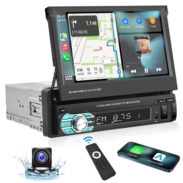Podofo Single Din Carplay Car Stereo with Bluetooth AHD Backup Camera, 7 Inch flip Out Touch Screen Car Radio MP5 Player Support Android Auto, Mirror Link, USB, TF, FM Radio, Aux-in, SWC