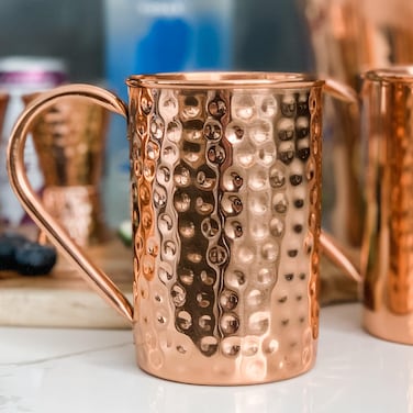 Copper Moscow Mule Mugs Handcrafted of 100% Pure SOLID Copper - Straight Hammered Finish - RAW Copper Interior - Authentic and Strong Riveted Handle - Premium Copper Cups - Holds 16oz (Hammered)