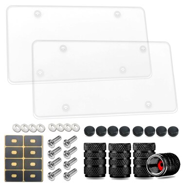 ZXFOOG 2 Pack License Plate Covers- Clear Flat License Plate Cover, Novelty Unbreakable Car Tag Frame Protector for Vehicles/Trucks, with Screws, Black Caps, Rattle Proof Pads, Tire Valve Caps