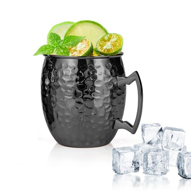 Amrules Moscow Mule Mugs, 16 oz Black Hammered Mule Cup with 304 Stainless Steel Lining and Brass Handle, Perfect for Cold Drinks, Beer, Wine, Bars, Parties