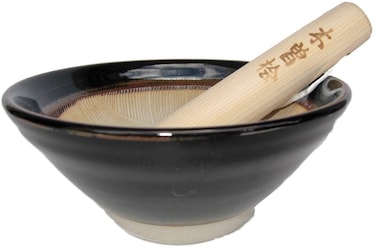 Made in Japan Mino Ware Ripple Ridge Mortar &amp; Pestle (Suribachi &amp; Surikogi) Set Medium 7.48 inches, for Both Right and Left Handed, Pottery Black TR53627 (Medium)