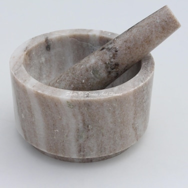 Stones And Homes Indian Brown Mortar and Pestle Set Large Bowl Marble Herbs Spices Stone Grinder for Kitchen and Home 5 Inch Polished Decorative Round Spices Masher Stone Grinder - (13 x 8 cm)