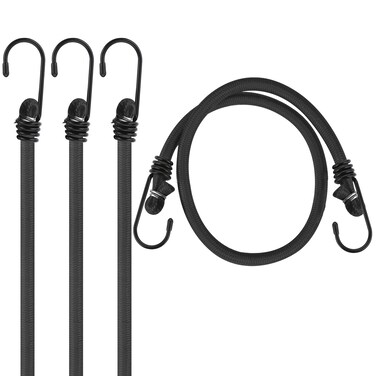 4 Pack Bike Rope Tie Down with Hooks Black Bungee Cords with Hooks, 24&rdquo; Outdoor Heavy Duty Elastic Rope Tie Down with Metal Hooks for Tents Camping Luggage Rack Cargo Bike