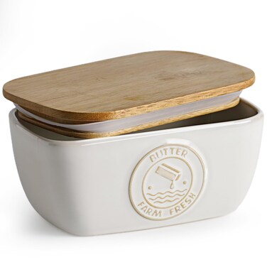 Getstar Ceramic Butter Dish with Acacia Lid for Countertop, Silicone Sealing, Farmhouse Kitchen Counter Decor, Large Butter Keeper Container (6.5&rdquo;x4&rdquo;)