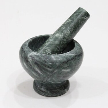 Stones And Homes Indian Green Mortar and Pestle Set Big Bowl Marble Spices Masher Stone Grinder for Home and Kitchen 4 Inch Polished Robust Round Pill Crusher Herbs Spice Grinder - (10 x 8 cm)