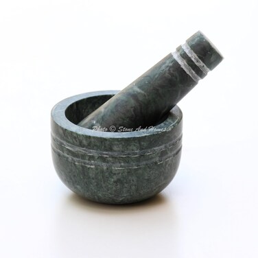 Stones And Homes Indian Green Mortar and Pestle Set Small Bowl Marble Stone Molcajete Herbs Spices for Kitchen and Home 3 Inch Polished Round Pill Crusher Herbs Spice Grinder - (7.6x5.4x3.4 cm)
