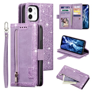 UEEBAI Wallet Case for iPhone 12 Mini 5.4 inch, Retro 9 Card Holder Slots Zipper Pocket Handbag Case PU Leather Magnetic Closure Kickstand with Wrist Strap TPU Shockproof Flip Case - Glitter Purple
