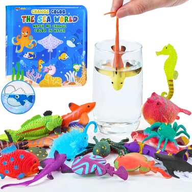 Color Changing Mold Free Bath Toys for Toddlers Kids, Color Change Sea Creatures Ocean Animal Toys &amp; Glow in The Dark Toy with Bath Book(13 Pack), Water Table Toys Rubber Fish Toys for Kids Bathtub
