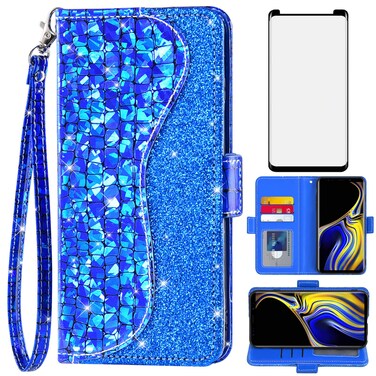 Asuwish Phone Case for Samsung Galaxy Note 9 Wallet Cover with Screen Protector and Wrist Strap Flip Credit Card Holder Bling Glitter Stand Cell Galaxies Note9 Gaxaly Glaxay Not S9 Women Girls Blue