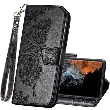 Galaxy S23 Ultra Case,Samsung S23 Ultra Wallet Case,PU Leather Protective Phone Case Wrist Strap Card Slots Holder Pocket Emboss Butterfly Flower Stand Flip Case for Samsung Galaxy S23 Ultra Black