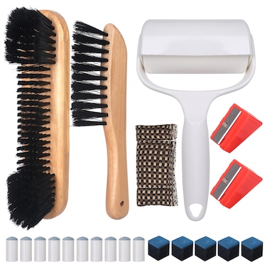 Billiards Pool Table Cleaning Set: Pool Table Brush with 5 Pool Cue Chalk Cubes 10 Slip on Pool Cue Tip Billiard Accessories