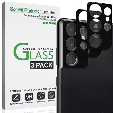 amFilm (3 Pack) Camera Screen Protector for Samsung Galaxy S21 Ultra 5G 6.8 inch, Tempered Glass Camera Lens Protector, NO Flash Reflection, Black