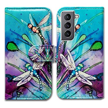 Bcov Case for Galaxy S21 5G, Cute Dragonfly Leather Flip Phone Case Wallet Cover with Card Slot Holder Kickstand for Samsung Galaxy S21 5G