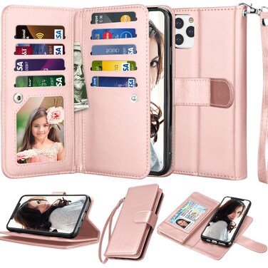 Njjex Wallet Case For iPhone 11 XI, For iPhone 11 Case (6.1"), [9 Card Slots] PU Leather ID Credit Holder Folio Flip [Detachable] Kickstand Magnetic Phone Cover &amp; Lanyard For iPhone 11 2019 -Rose Gold