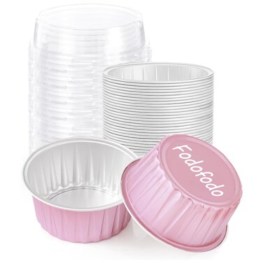 25PCS Round Mini Loaf Pans with Lids,Mini Cake Pans with Lids,Disposable Ramekins Baking Cups Muffin Tins Cupcake Cups for Birthday Party Wedding,5oz (Pink)