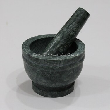 Stones And Homes Indian Green Mortar and Pestle Set Large Bowl Marble Herbs Spices Stone Grinder for Kitchen and Home 4 Inch Polished Decorative Round Spices Masher Stone Grinder - (10 x 8 cm)