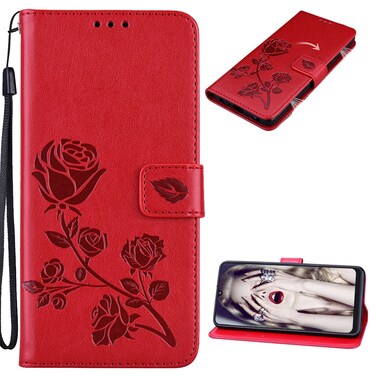 CCSmall for Samsung Galaxy S22 Ultra (Not S22) Wallet Case for Women, Rose Flower Cover with Credit Card Holder Cash Pockets [Wrist Strap] Flip Phone Case for Samsung Galaxy S22 Ultra RS Red