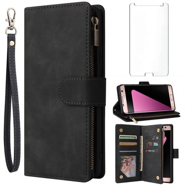 Asuwish Compatible with Samsung Galaxy S7 Wallet Case Tempered Glass Screen Protector and Flip Cover Card Holder Stand Cell Accessories Phone Cases for Glaxay S 7 7s GS7 SM-G930V G930A Women Men Black