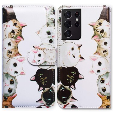 Bcov Case for Galaxy S21 Ultra 5G, White Black Cute Cats Leather Flip Phone Case Wallet Cover with Card Slot Holder Kickstand for Samsung Galaxy S21 Ultra