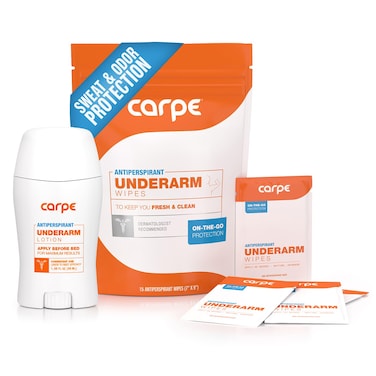 Carpe Antiperspirant Underarm and On-The-Go Wipes Package (1 Underarm Clinical Strength, 15 Individual Antiperspirant On-The-Go Wipes), Stop Excessive Sweat - Great for Hyperhidrosis