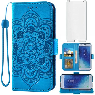 Compatible with Samsung Galaxy J7 Star J 7 Crown 7J Refine 2018 J7V V 2nd Gen Wallet Case Tempered Glass Screen Protector Flip Cover Card Holder Cell Phone Cases for Glaxay Aura S767VL SM J737V Blue