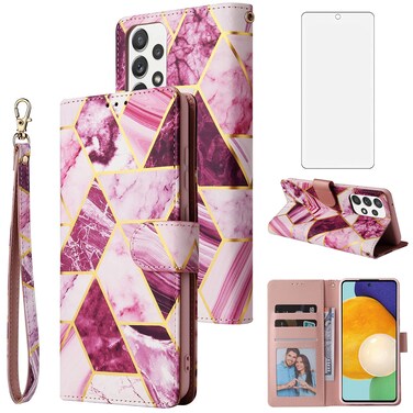 Asuwish Compatible with Samsung Galaxy A72 5G/4G Wallet Case and Tempered Glass Screen Protector Flip Card Holder Stand Kickstand Cell Phone Cases for Glaxay A 72 G5 Gaxaly 72A S72 Women Men Purple