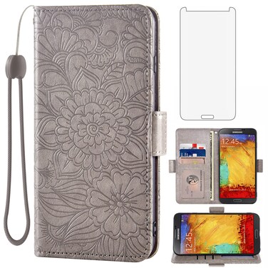 Compatible with Samsung Galaxy Note 3 Wallet Case and Tempered Glass Screen Protector Card Holder Stand Magnetic Leather Flip Cell Accessories Phone Cover for Glaxay Note3 N9005 Women Men Grey
