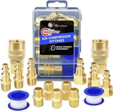 15-PC Air Compressor Hose Fitting Kit with Storage Case, 1/4" NPT Quick Connect Fittings, Solid Brass High-Flow Connectors, 3 Male &amp; 3 Female Plugs + 5 Male-to-Male